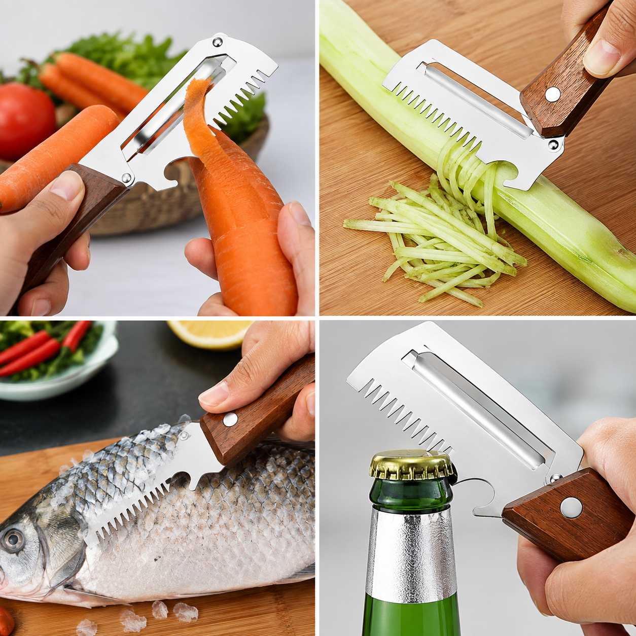 3-in-1 Multifunction Stainless Steel Kitchen Peeler with Julienne Slicer, Fish Scaler & Bottle Opener