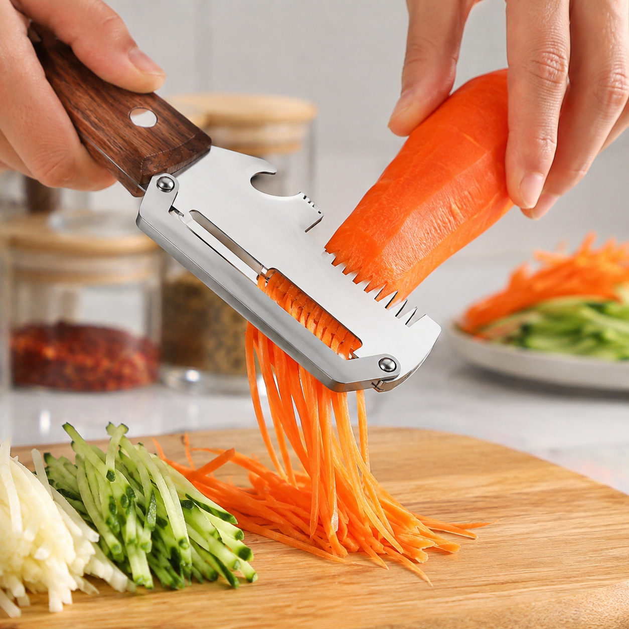 3-in-1 Multifunction Stainless Steel Kitchen Peeler with Julienne Slicer, Fish Scaler & Bottle Opener