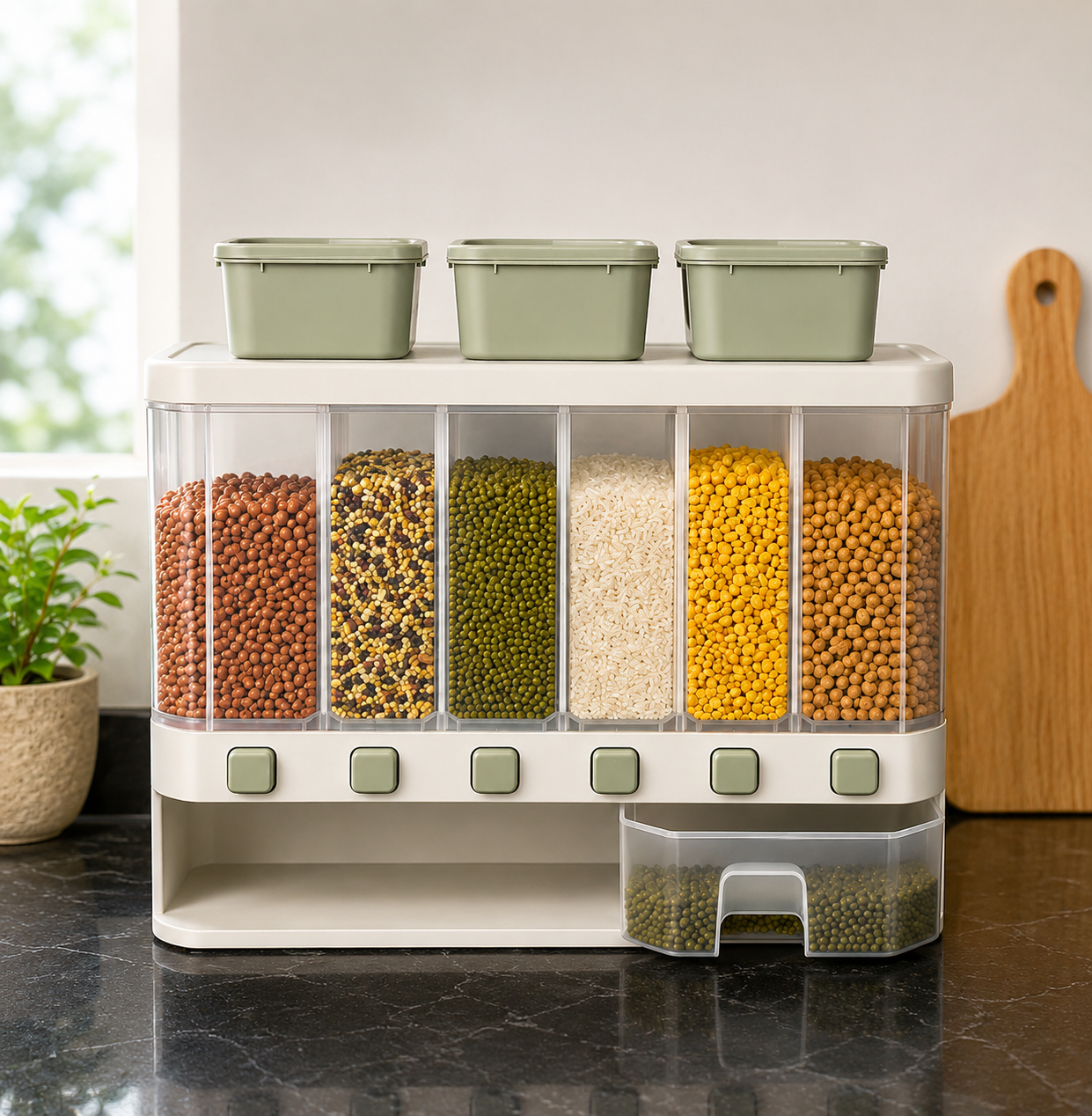 6 Grid Wall Mounted Grain Dispenser – Food Grade Rice & Pulse Storage Container with Push Button
