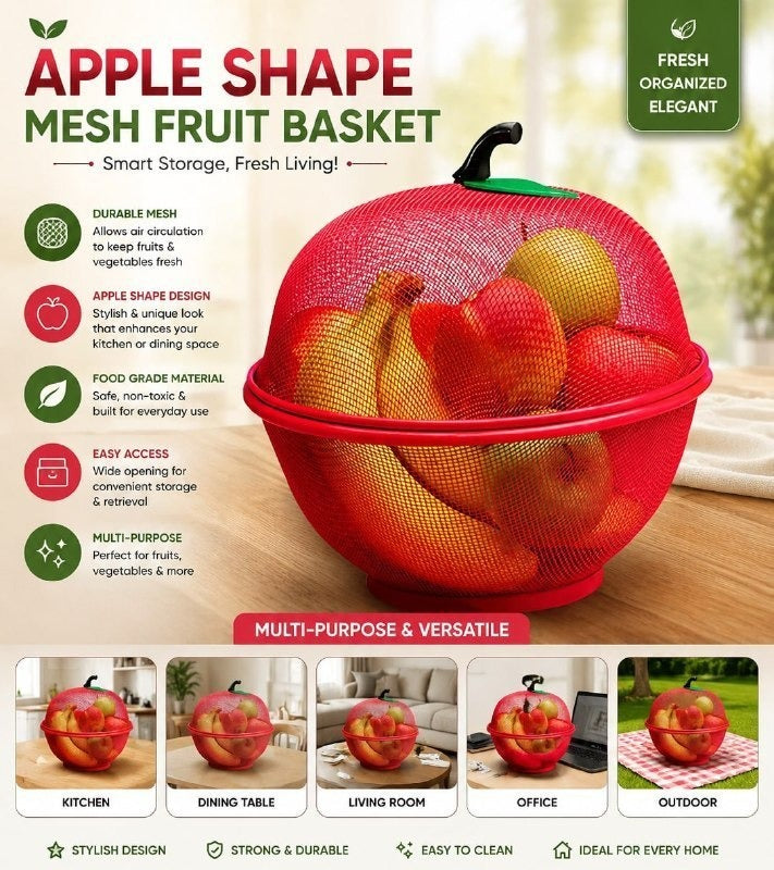 Apple Shape Mesh Fruit Basket with Lid | Food Grade Kitchen Fruit & Vegetable Storage Basket