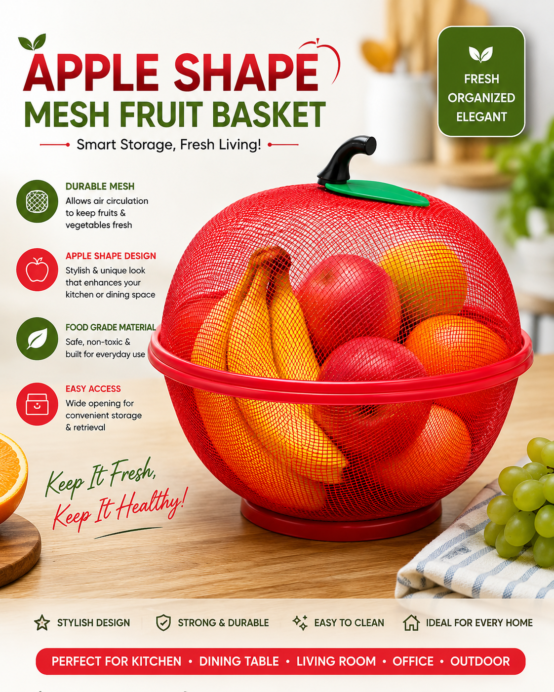 Apple Shape Mesh Fruit Basket with Lid | Food Grade Kitchen Fruit & Vegetable Storage Basket
