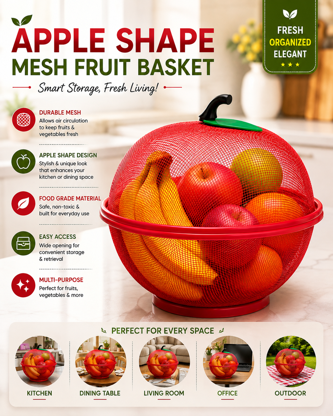 Apple Shape Mesh Fruit Basket with Lid | Food Grade Kitchen Fruit & Vegetable Storage Basket
