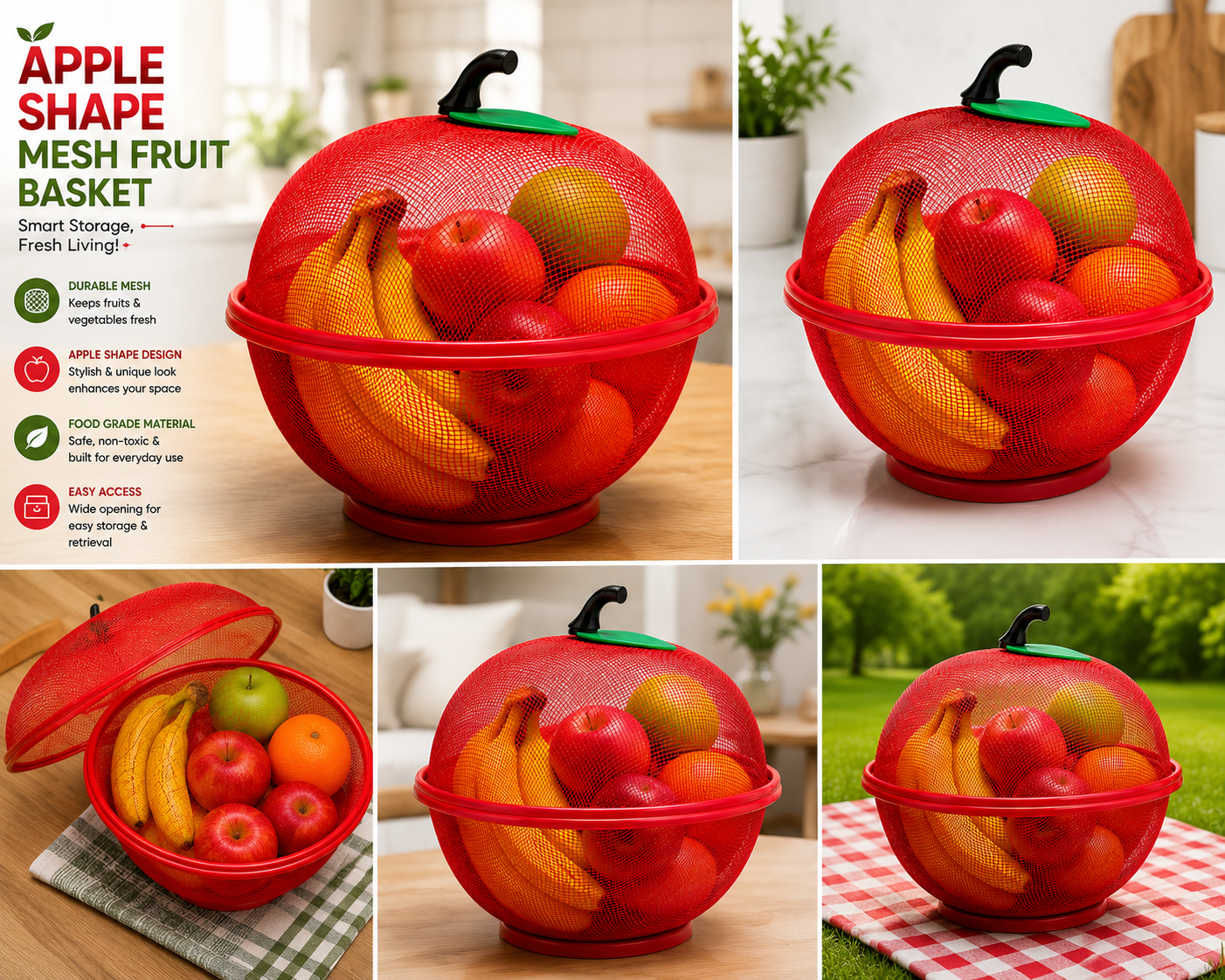 Apple Shape Mesh Fruit Basket with Lid | Food Grade Kitchen Fruit & Vegetable Storage Basket