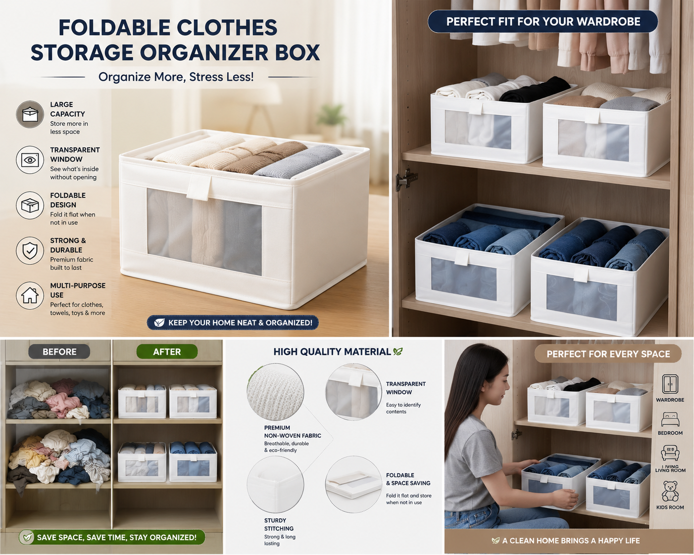 Foldable Clothes Storage Organizer Box with Transparent Window | Wardrobe Storage Bin