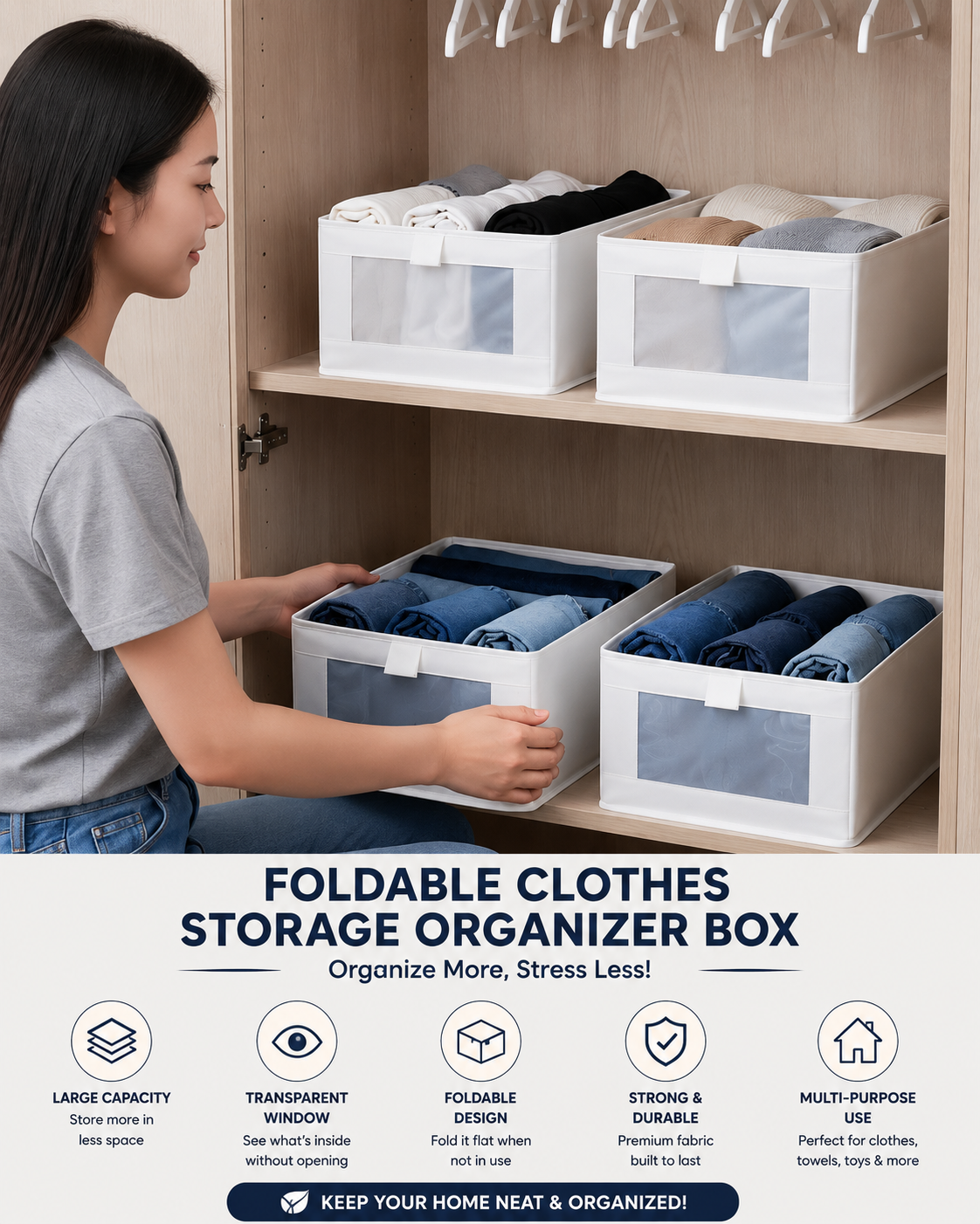 Foldable Clothes Storage Organizer Box with Transparent Window | Wardrobe Storage Bin