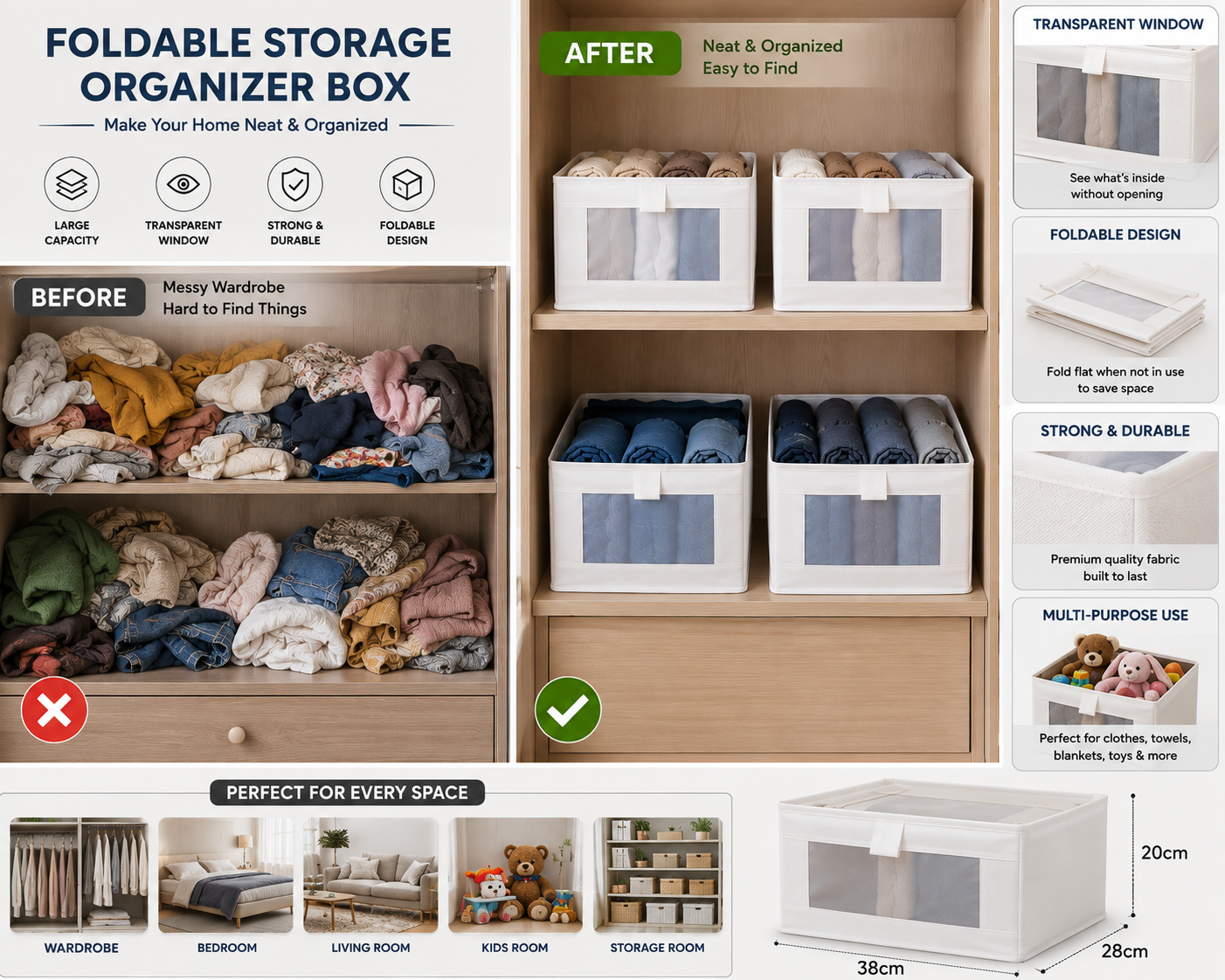 Foldable Clothes Storage Organizer Box with Transparent Window | Wardrobe Storage Bin