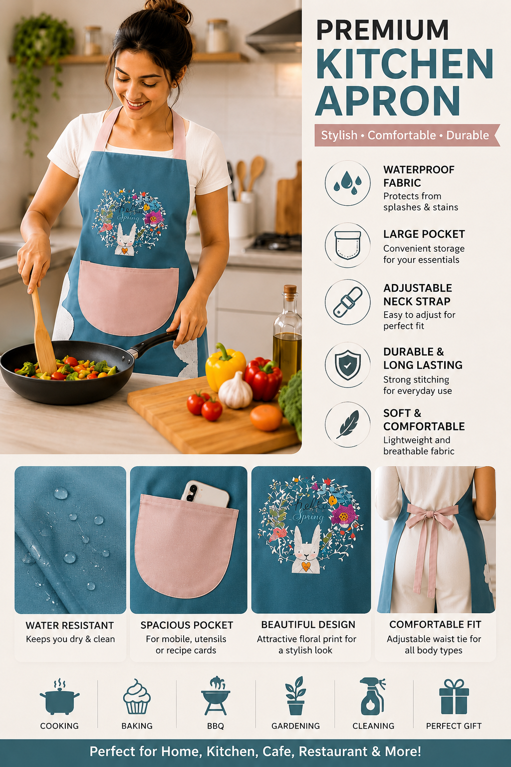 Premium Waterproof Kitchen Apron with Large Pocket & Adjustable Neck Strap