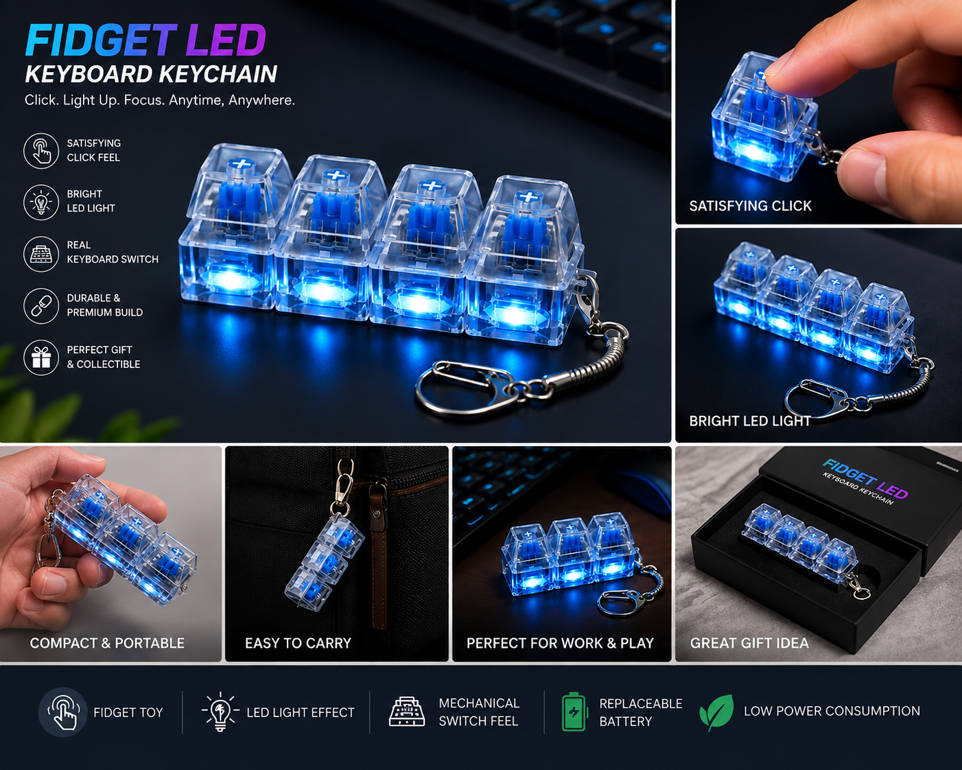Fidget LED Mechanical Keyboard Keychain | Clicky Switch LED Light Keychain | Stress Relief Pocket Toy