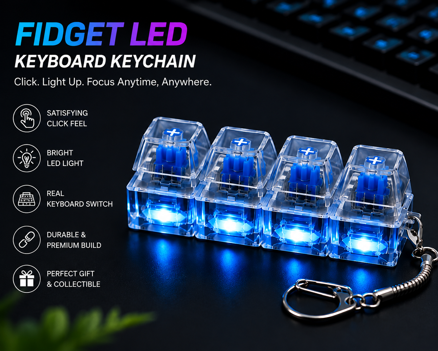 Fidget LED Mechanical Keyboard Keychain | Clicky Switch LED Light Keychain | Stress Relief Pocket Toy