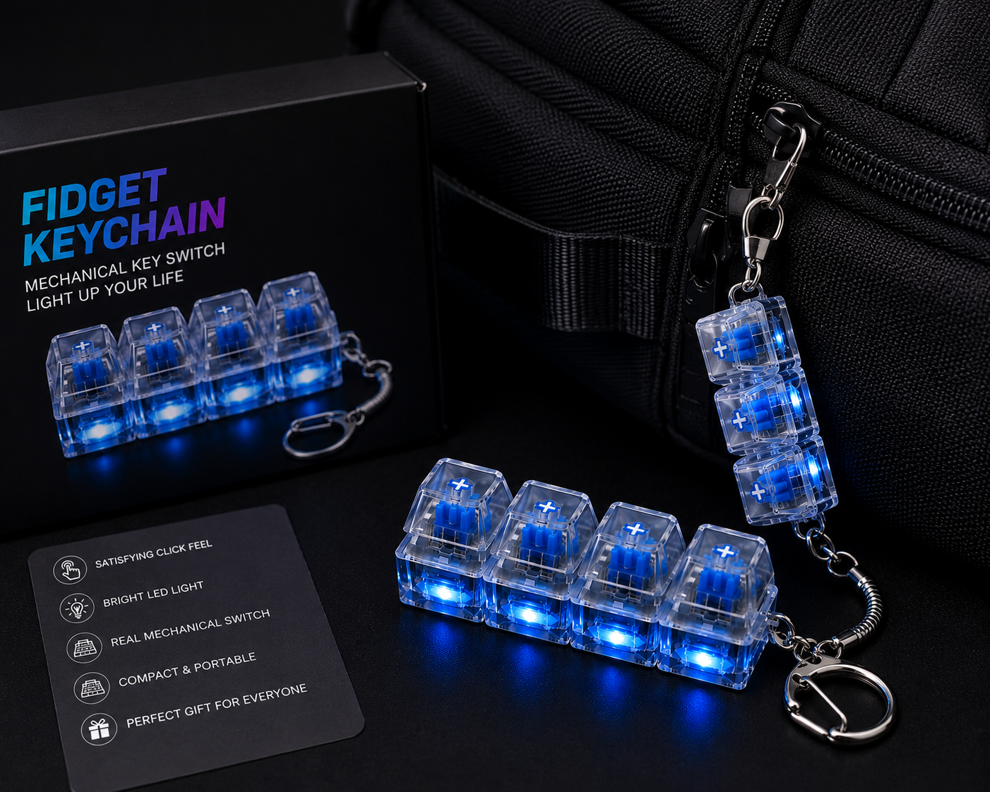 Fidget LED Mechanical Keyboard Keychain | Clicky Switch LED Light Keychain | Stress Relief Pocket Toy