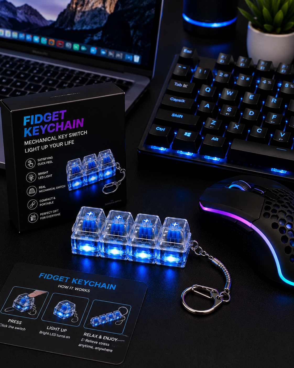 Fidget LED Mechanical Keyboard Keychain | Clicky Switch LED Light Keychain | Stress Relief Pocket Toy