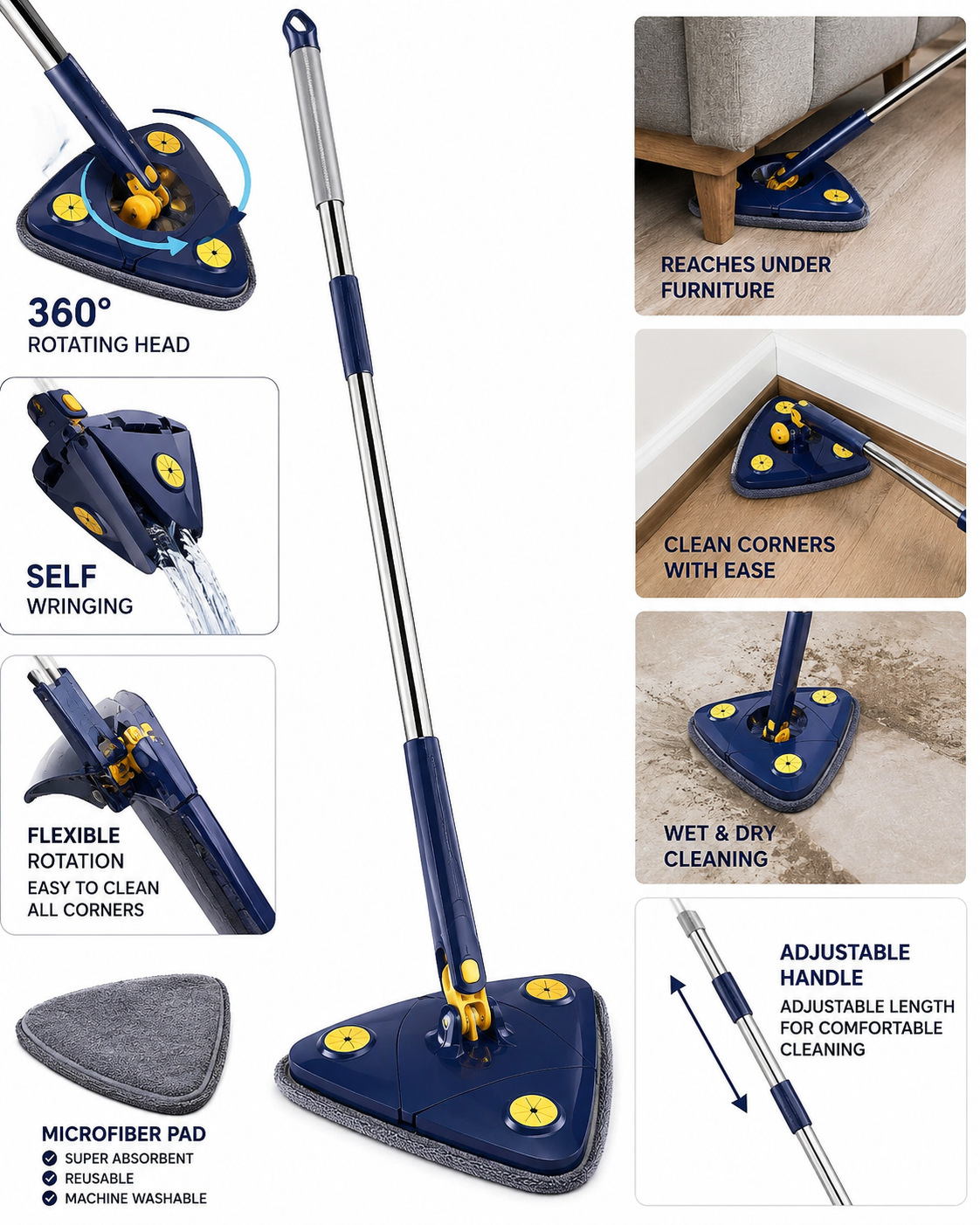 360° Rotating Triangle Flat Mop with Extendable Handle | Self-Wringing Microfiber Floor Cleaner