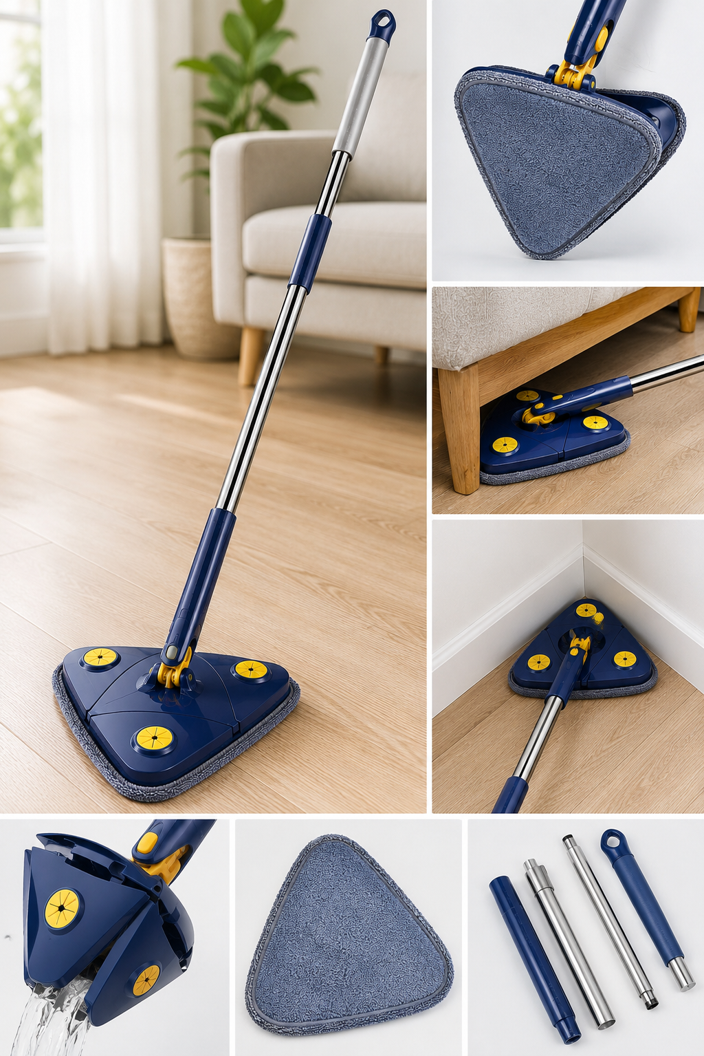 360° Rotating Triangle Flat Mop with Extendable Handle | Self-Wringing Microfiber Floor Cleaner
