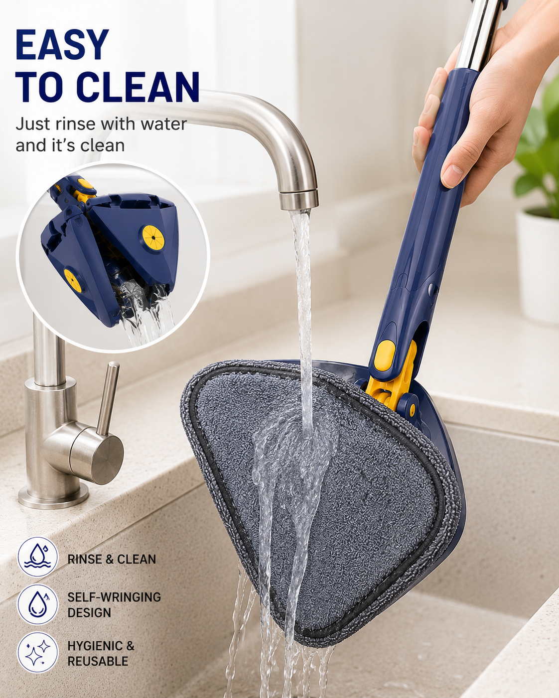 360° Rotating Triangle Flat Mop with Extendable Handle | Self-Wringing Microfiber Floor Cleaner