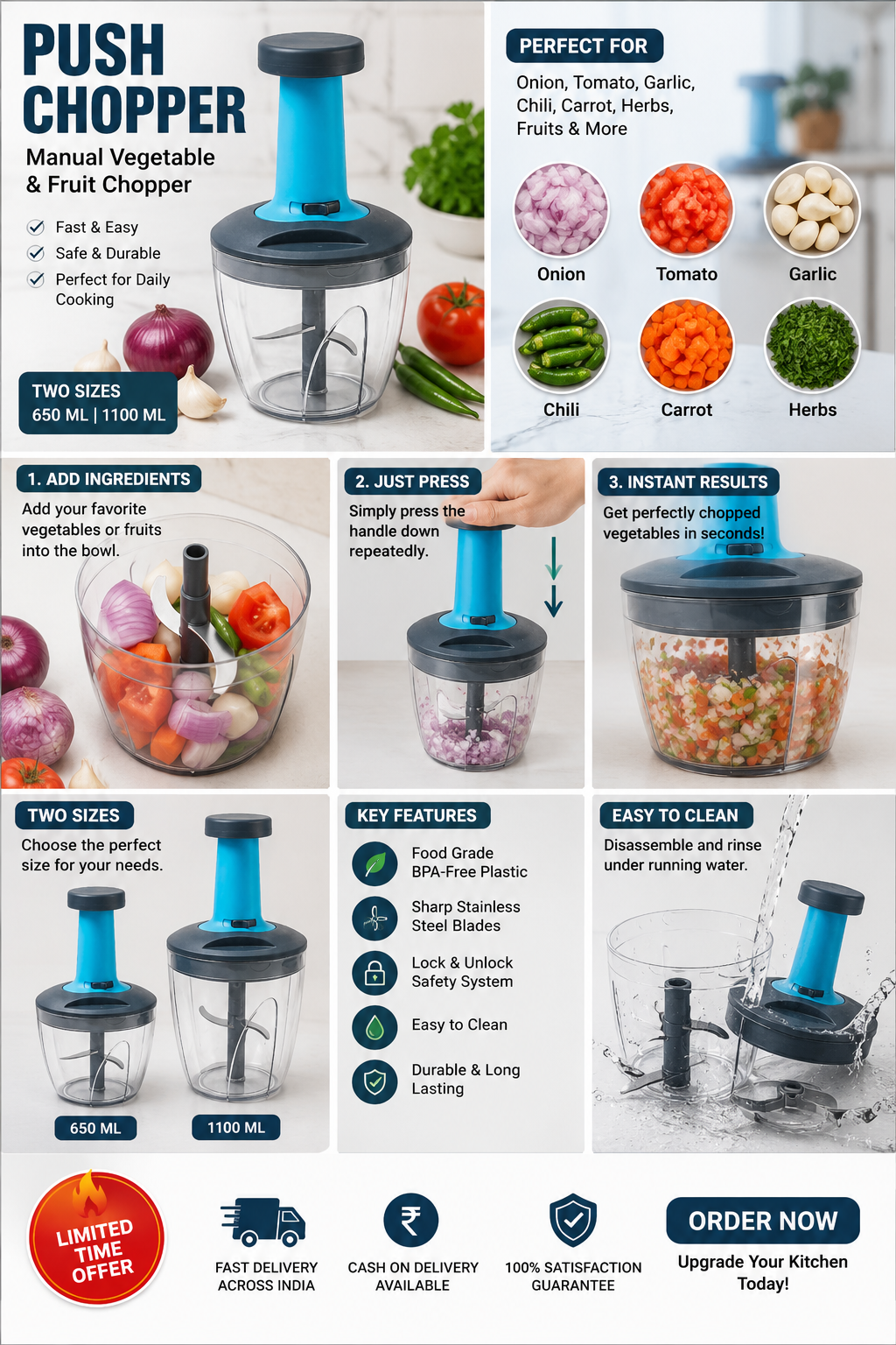 Premium Push Chopper – Manual Vegetable & Fruit Cutter | 650ML & 1100ML