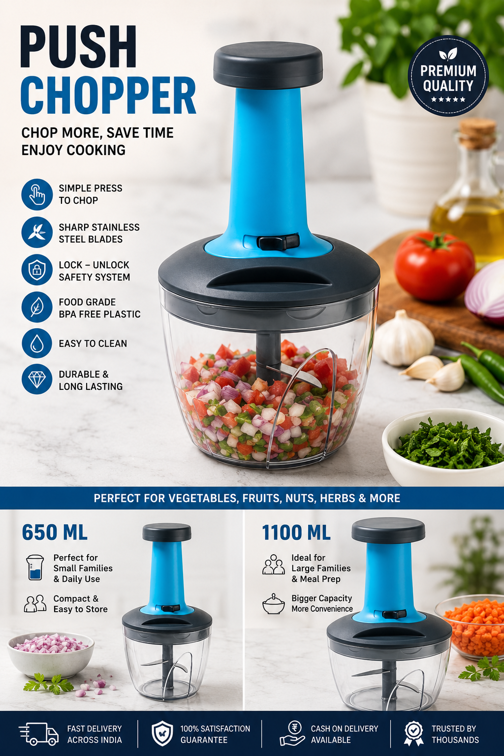 Premium Push Chopper – Manual Vegetable & Fruit Cutter | 650ML & 1100ML