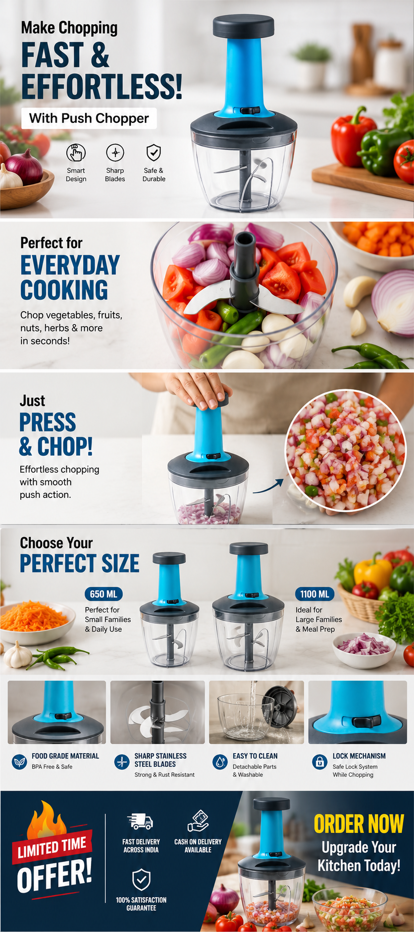 Premium Push Chopper – Manual Vegetable & Fruit Cutter | 650ML & 1100ML