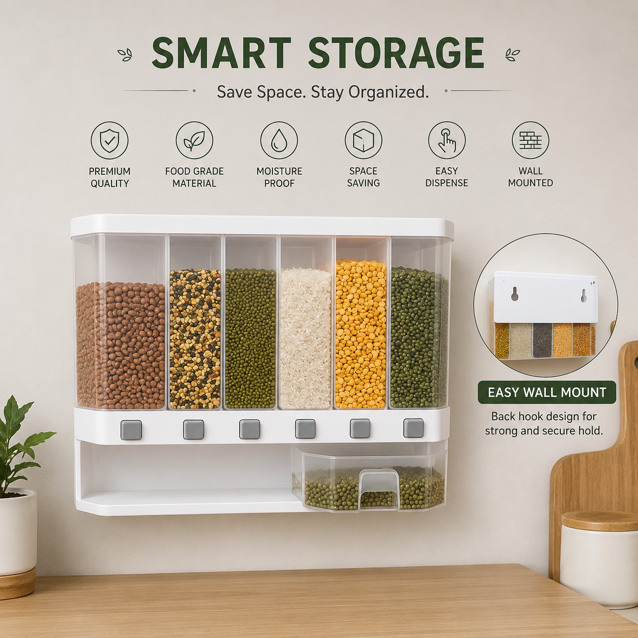 6 Grid Wall Mounted Grain Dispenser – Food Grade Rice & Pulse Storage Container with Push Button