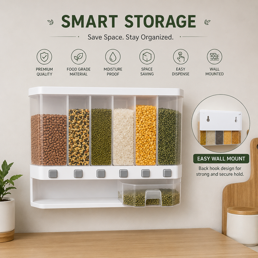 6 Grid Wall Mounted Grain Dispenser – Food Grade Rice & Pulse Storage Container with Push Button