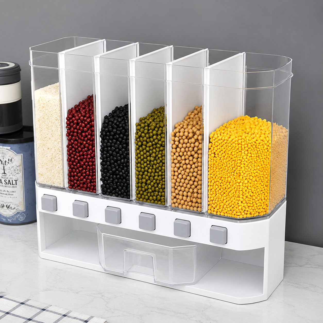 6 Grid Wall Mounted Grain Dispenser – Food Grade Rice & Pulse Storage Container with Push Button