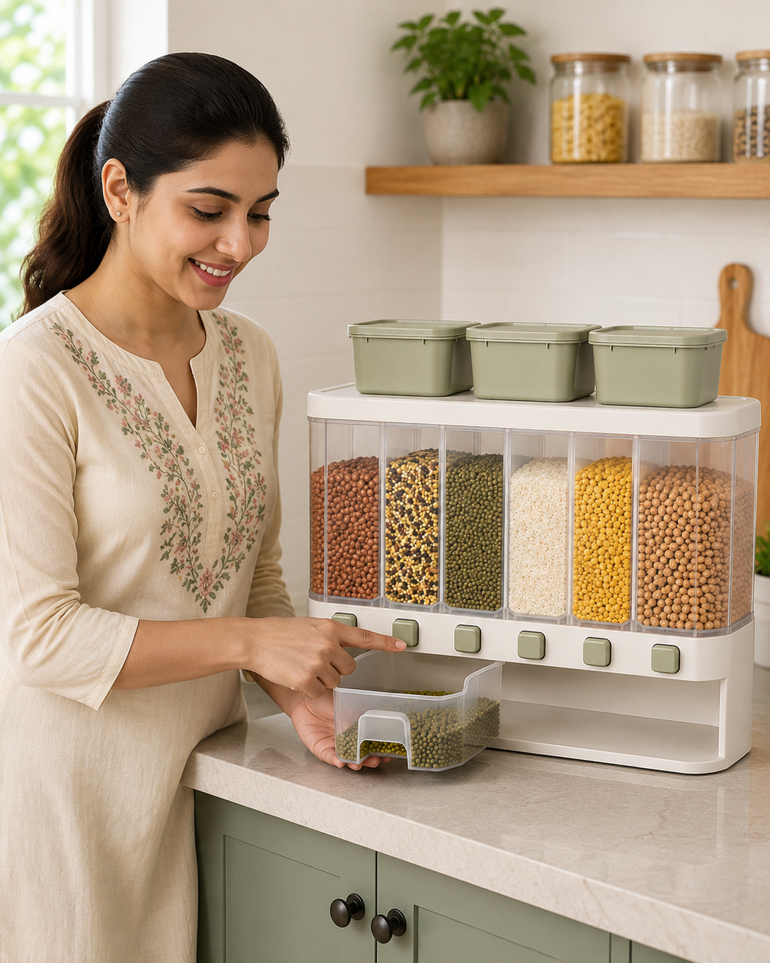 6 Grid Wall Mounted Grain Dispenser – Food Grade Rice & Pulse Storage Container with Push Button