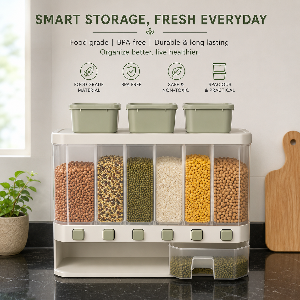 6 Grid Wall Mounted Grain Dispenser – Food Grade Rice & Pulse Storage Container with Push Button