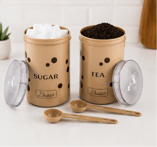 Premium Tea & Sugar Container Set with Spoon | Airtight Kitchen Storage Jars (Set of 2)